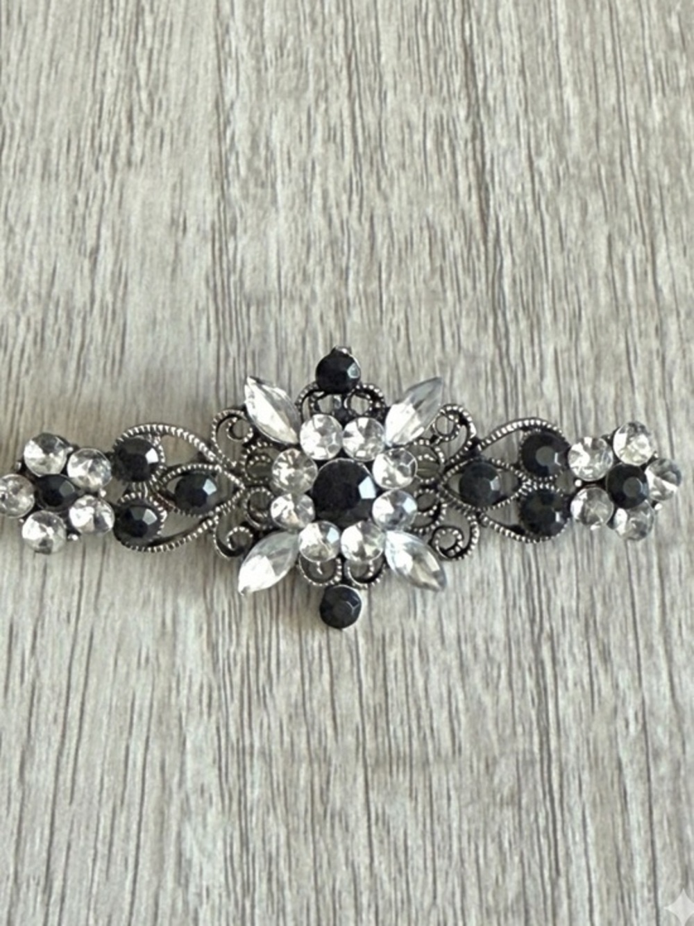 Vintage 1980s Black and Clear Rhinestone Brooch Pin Art Deco Avant Garde